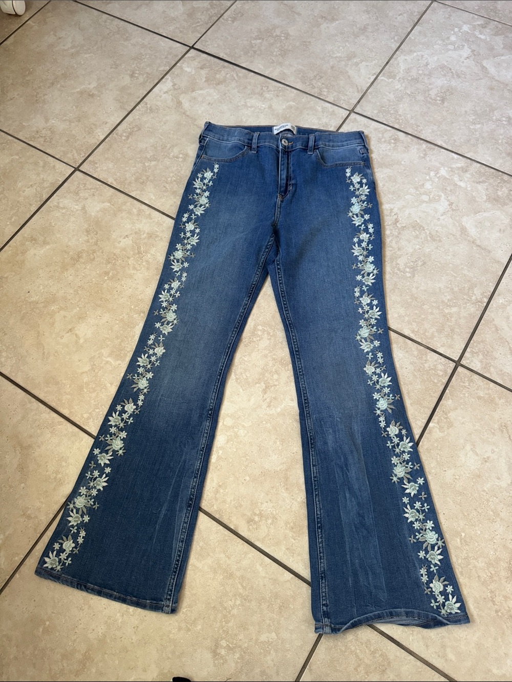 abercrombie kids Blue Flare Jeans with White Floral Side Embroidery